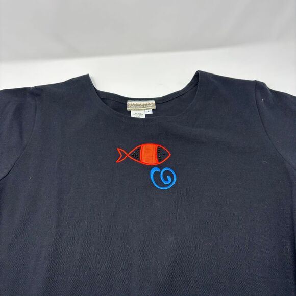 Coldwater Creek Dress Womens Large Black Fish Vanity Print‎ Beach Vintage Midi - Picture 3 of 8